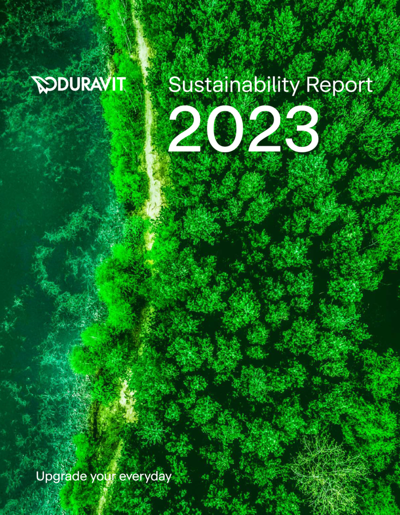 En närbild på en katalog från Duravit om deras hållbarhetsarbete.