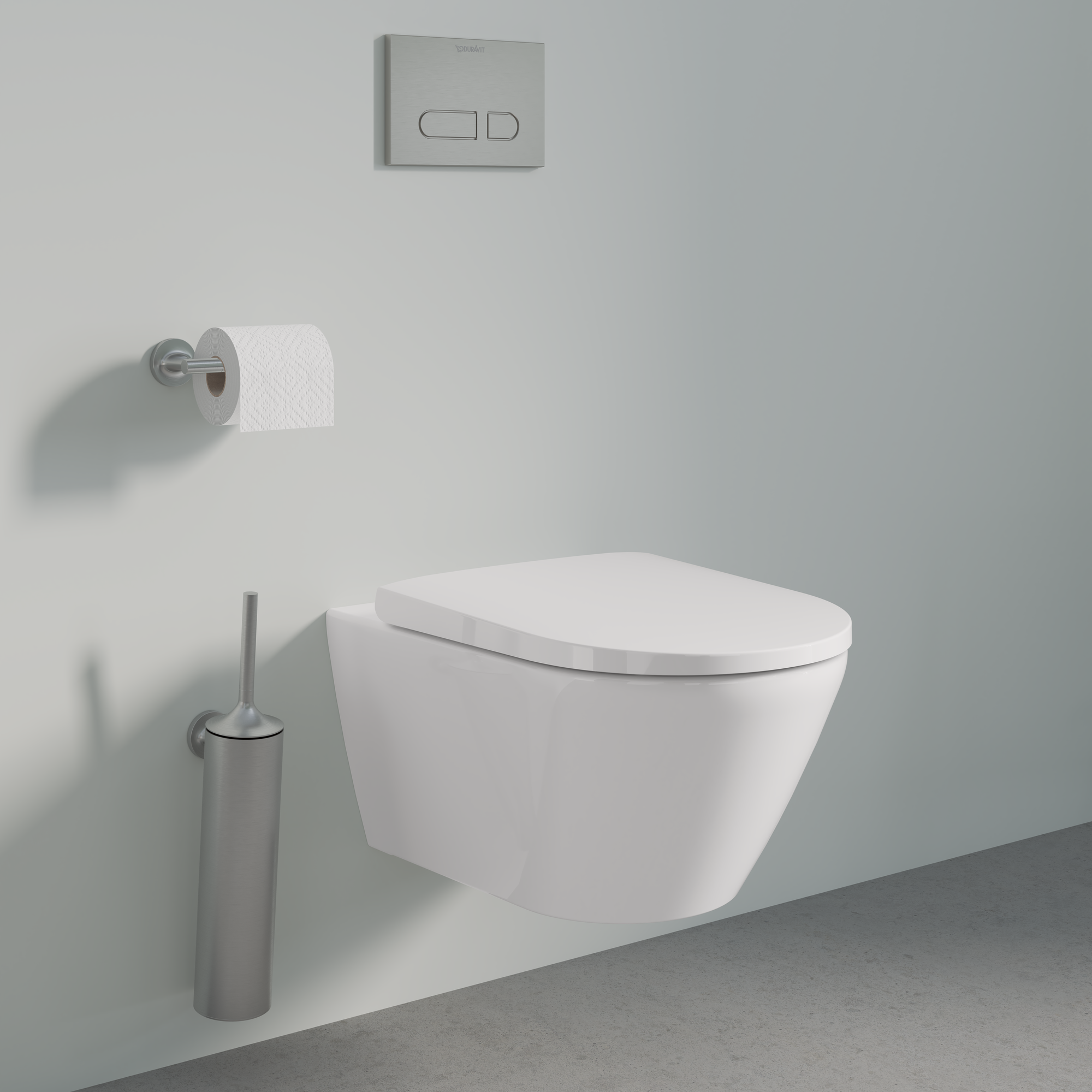 Badrum med toalett. Tillbehör som toalettborste, spolplatta och toalettpappershållare matchar i samma färg.