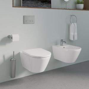 Badrum med toalett och bidé. Tillbehör som toalettborste, spolplatta och toalettpappershållare matchar i samma färg.