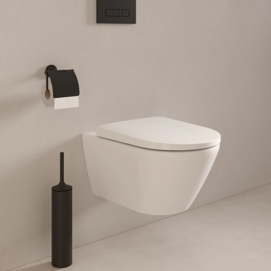 Ett badrum med toalett.