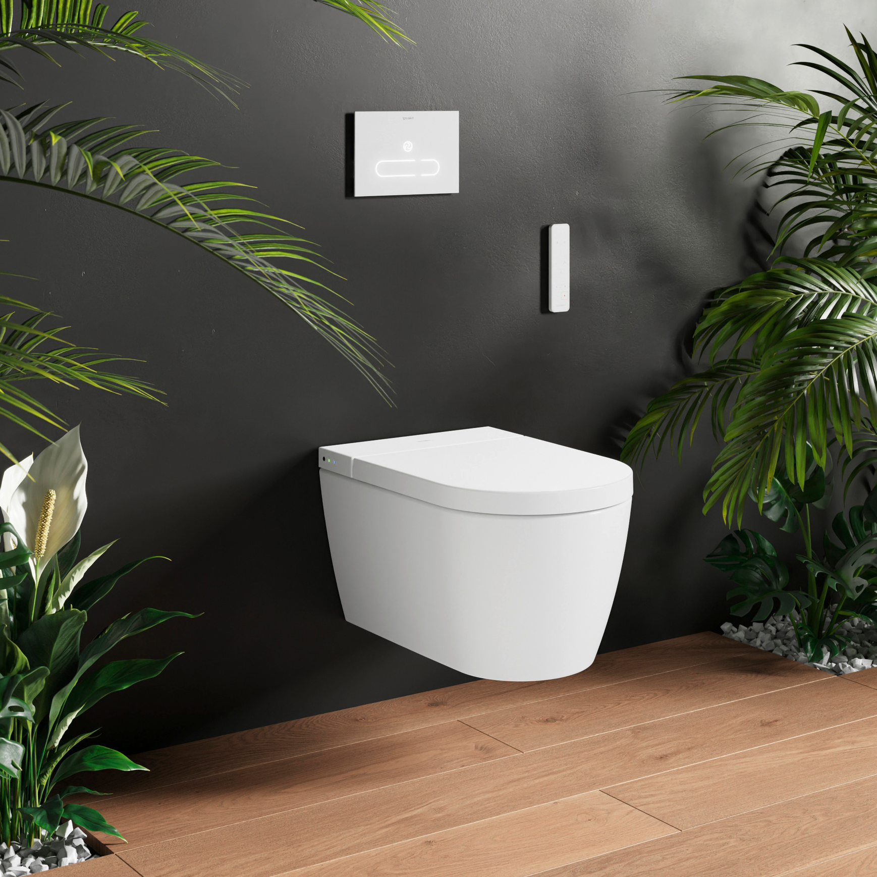 Starck f Plus SensoWash vägghängd toalett på en mörk vägg med växter runt om.