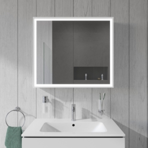 Badrum med kommod och spegelskåp i ljus nyans från Duravit och dess serie L-Cube.
