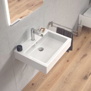 Vägghängt tvättställ.