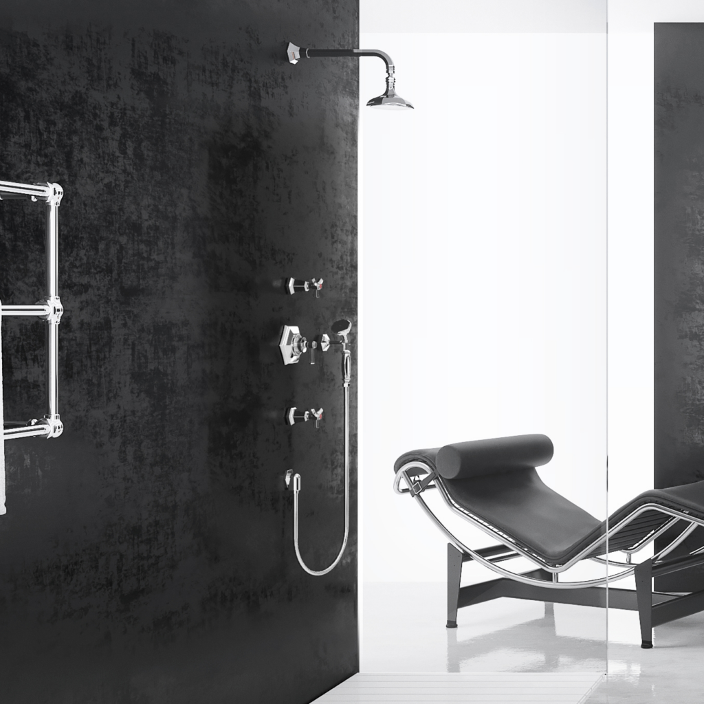 Eccelsa inbyggnadsdusch sitter i ett badrum.