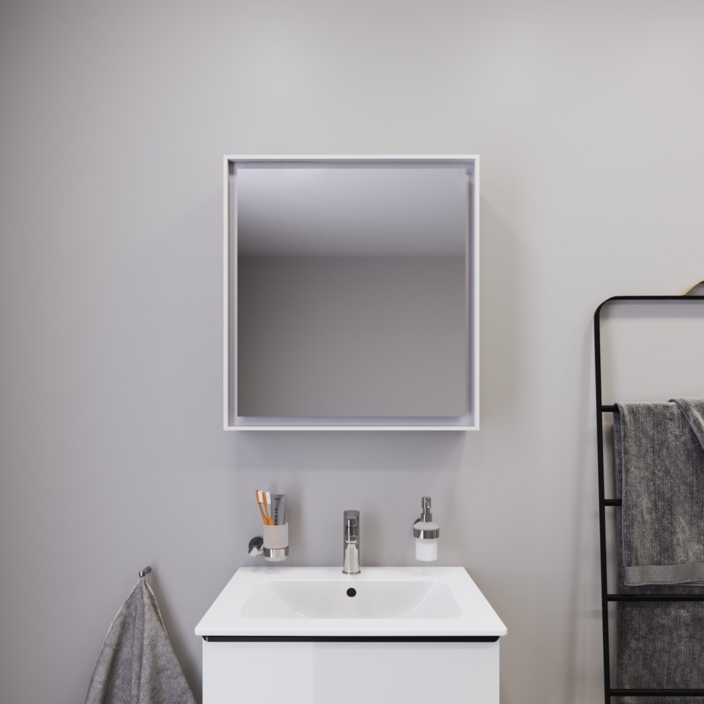 Badrum med kommod och spegelskåp i ljus nyans från Duravit och dess serie L-Cube.