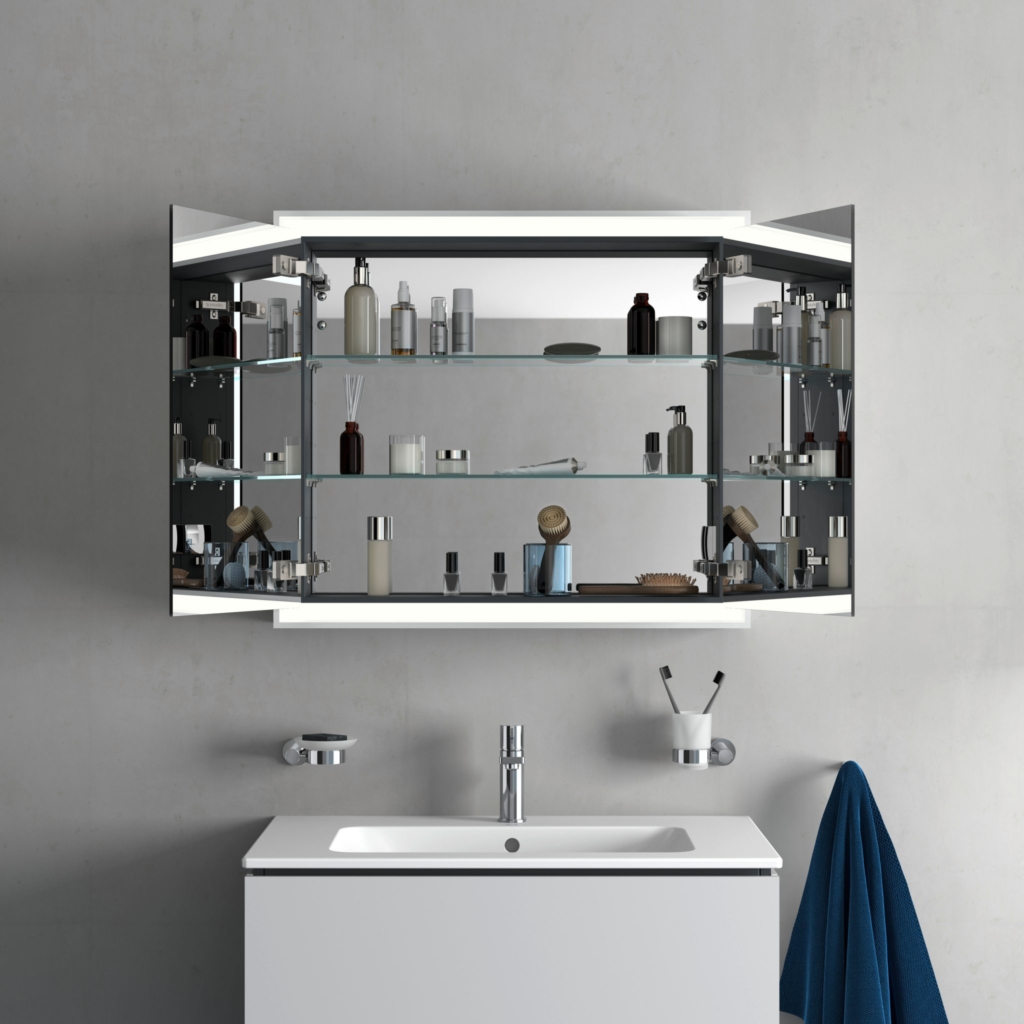 Badrum med kommod och spegelskåp i ljus nyans från Duravit och dess serie L-Cube.