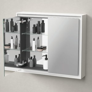 Badrum med kommod och spegelskåp i ljus nyans från Duravit och dess serie L-Cube.