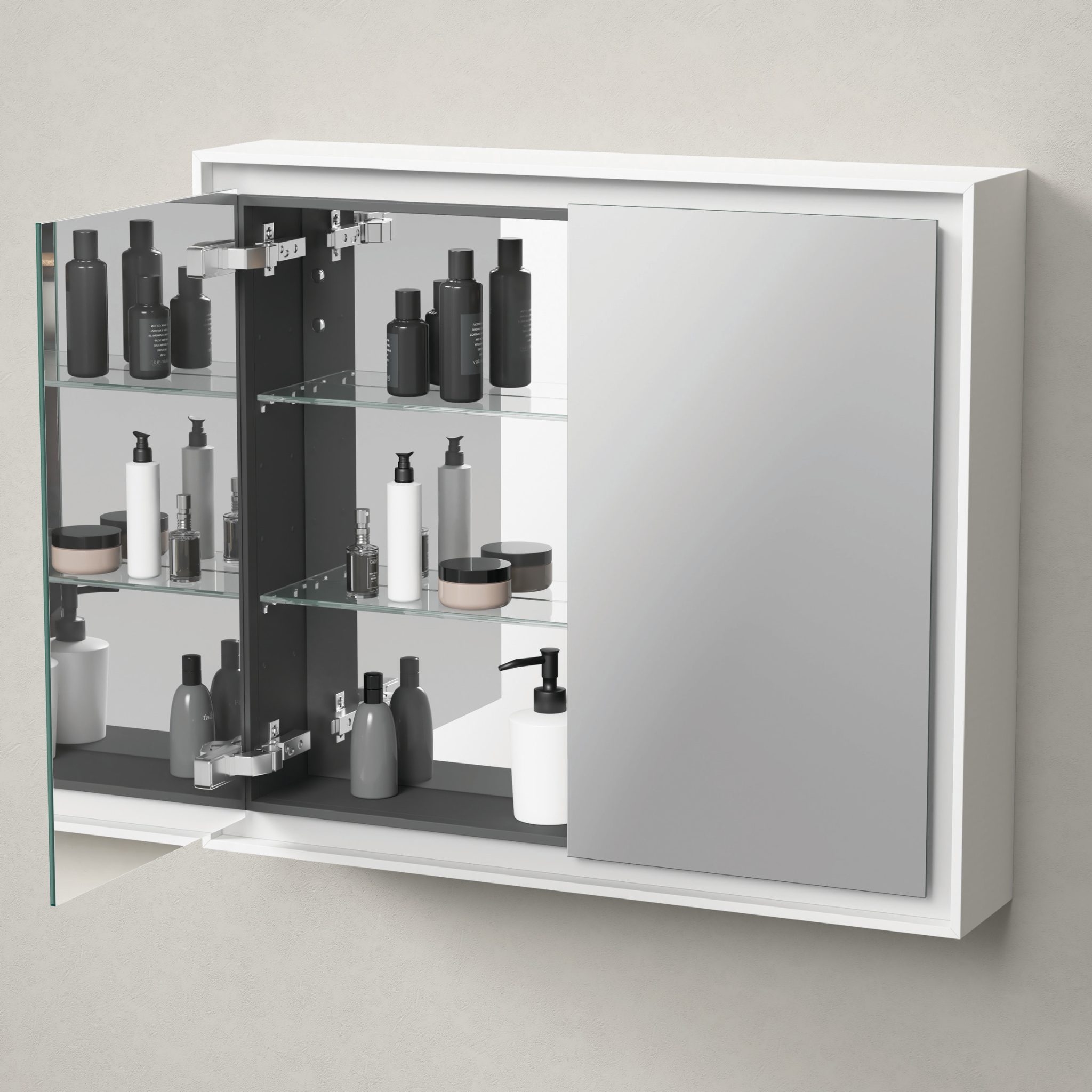 Badrum med kommod och spegelskåp i ljus nyans från Duravit och dess serie L-Cube.