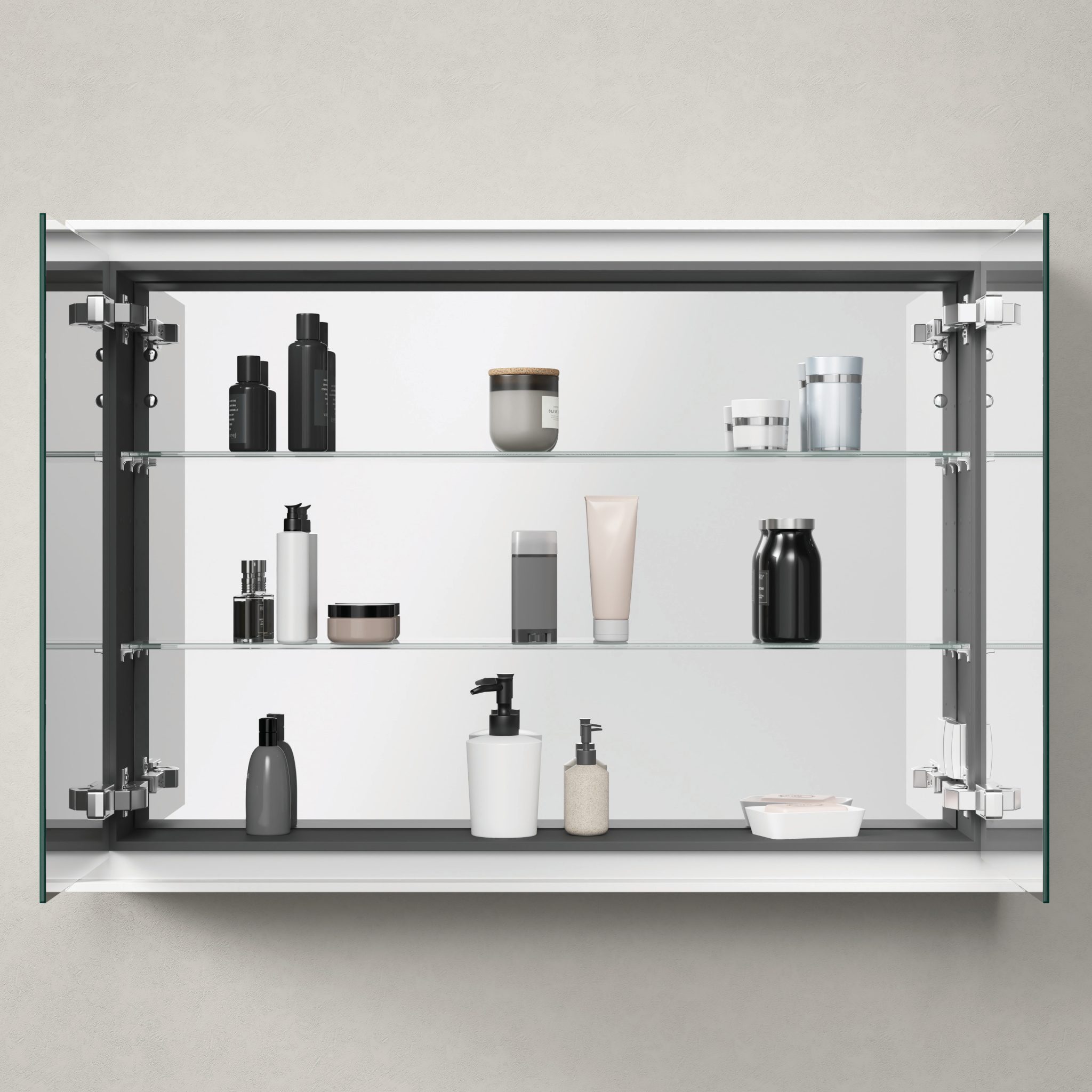 Badrum med kommod och spegelskåp i ljus nyans från Duravit och dess serie L-Cube.