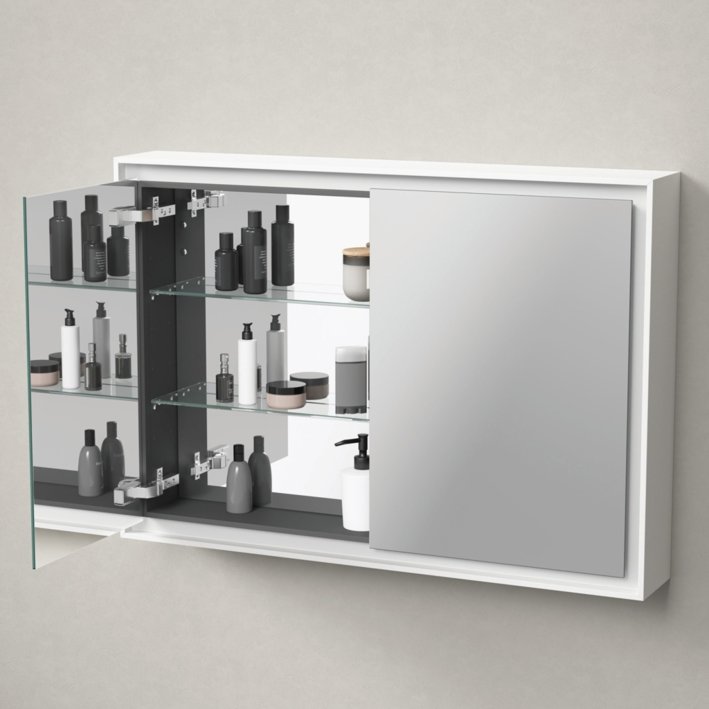 Badrum med kommod och spegelskåp i ljus nyans från Duravit och dess serie L-Cube.