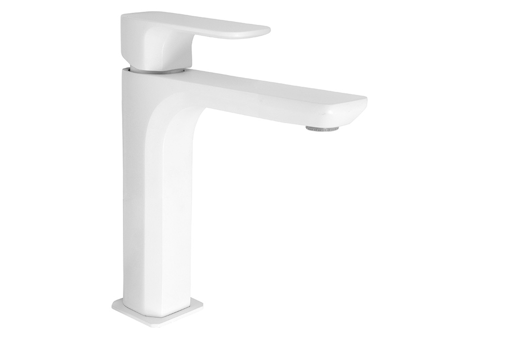 Tvättställsblandare från LH i matt vit färg mot helvit bakgrund