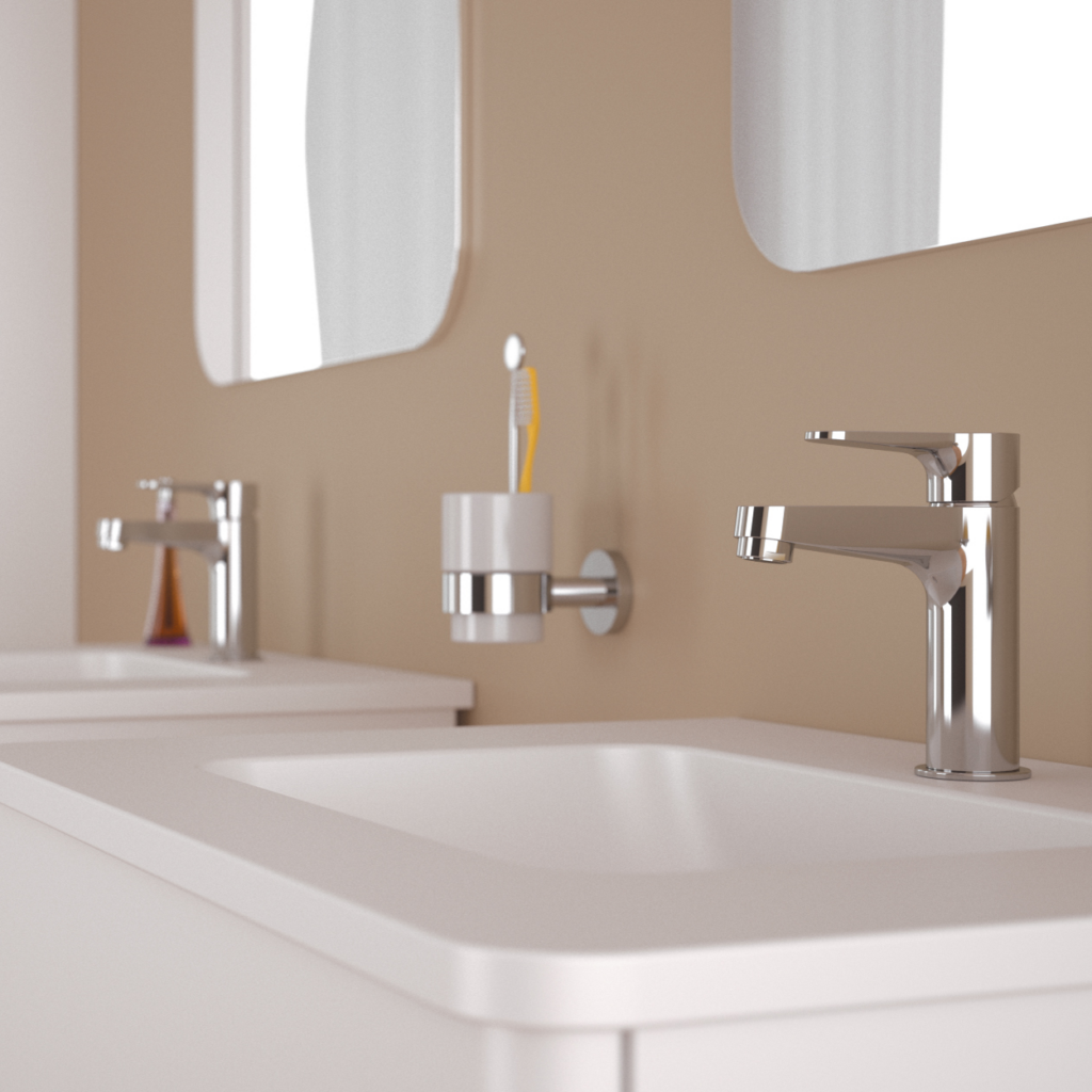 Garlate tvättställsblandare på ett tvättställ med en spegel ovanför.