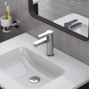 Garlate tvättställsblandare på ett tvättställ med en spegel ovanför.