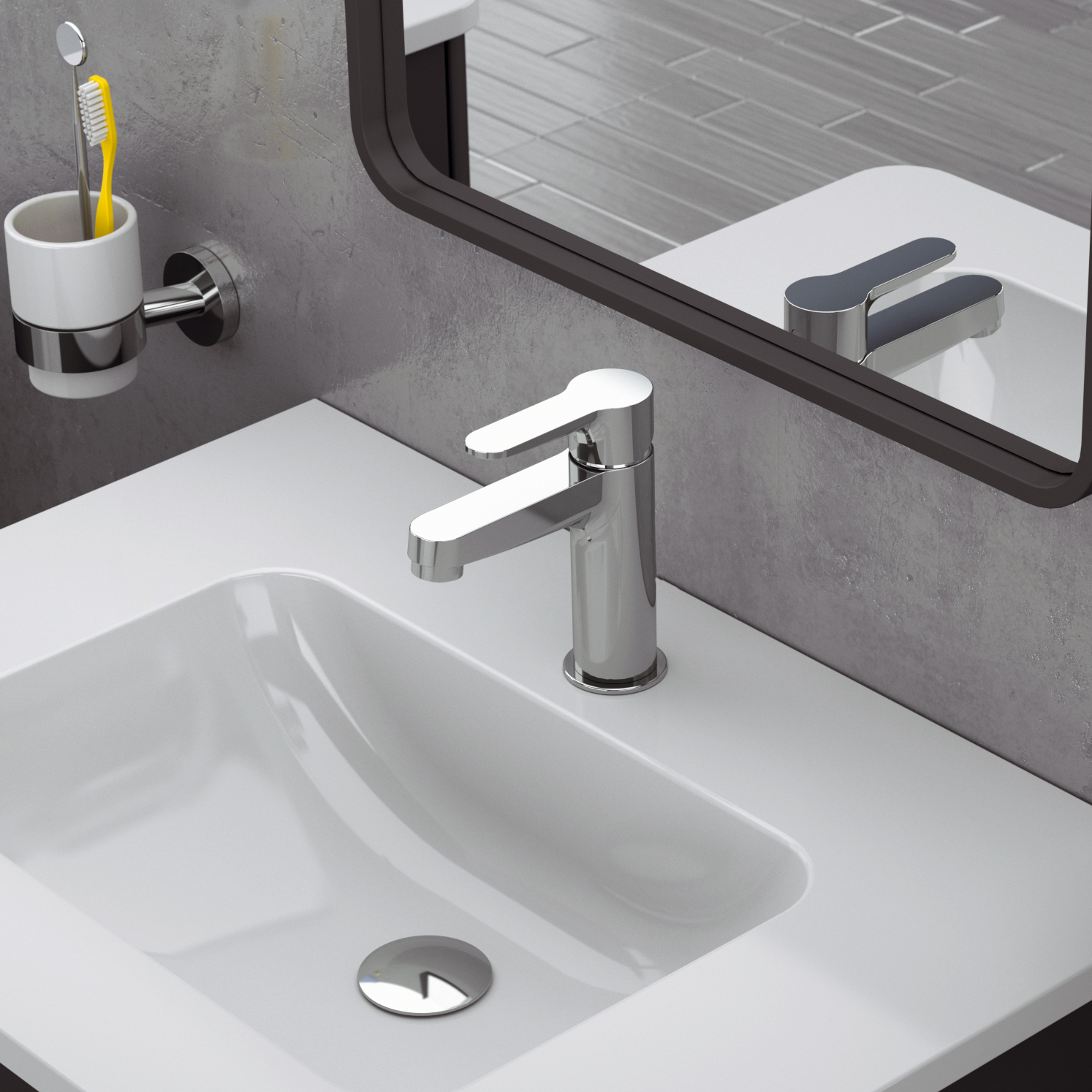 Garlate tvättställsblandare på ett tvättställ med en spegel ovanför.