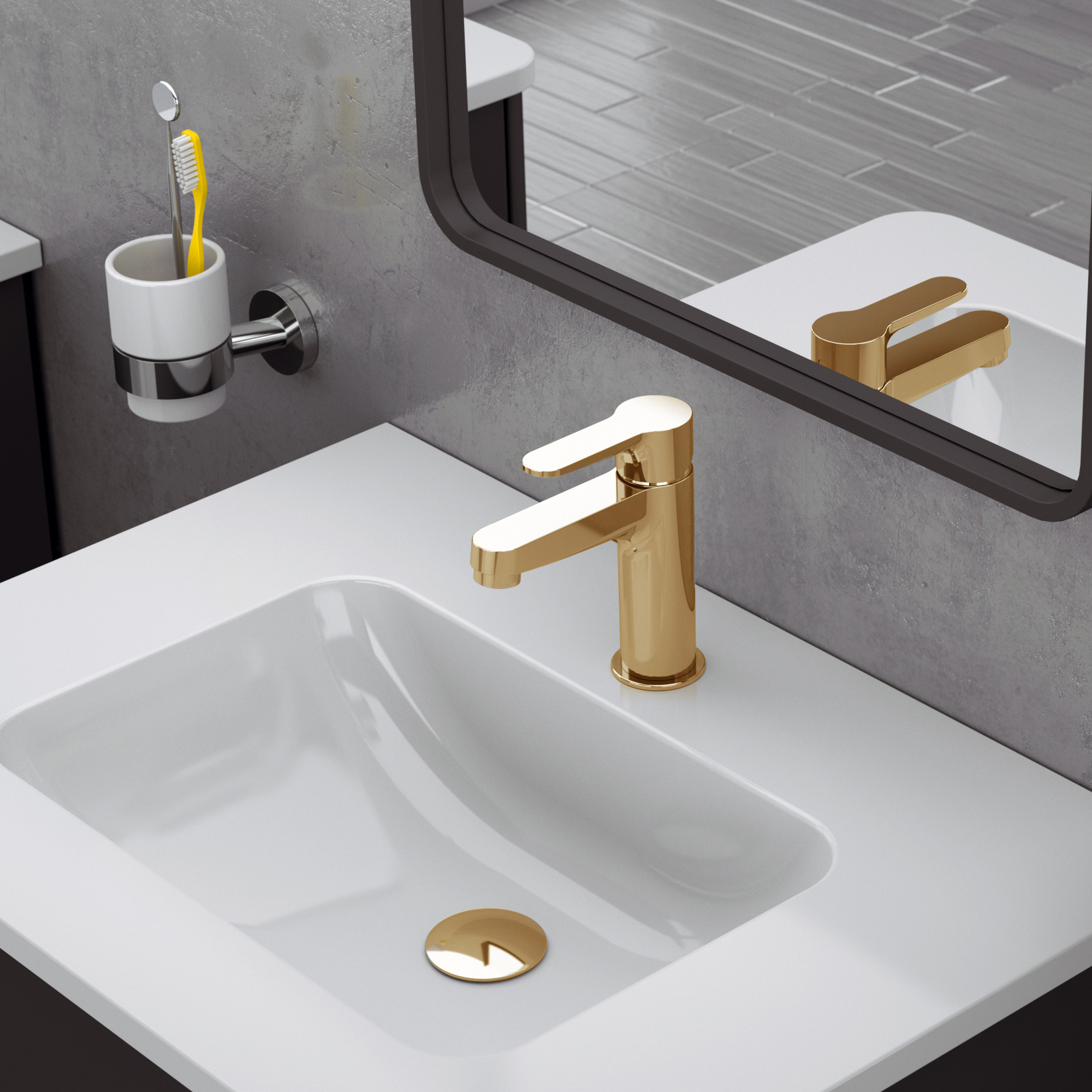 Garlate tvättställsblandare på ett tvättställ med en spegel ovanför.