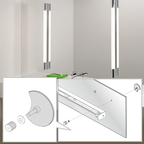 Monteringskit för att montera en lampa på en spegel. bilden visar en ritning av hur man sätter på lampan på spegeln.