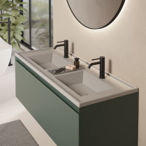 Tinetto ett grått dubbeltvättställ för inbyggnad i en kommod.