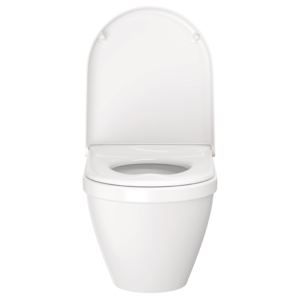 Toalettsits Starck 3 i vit färg mot på vit toalettstol