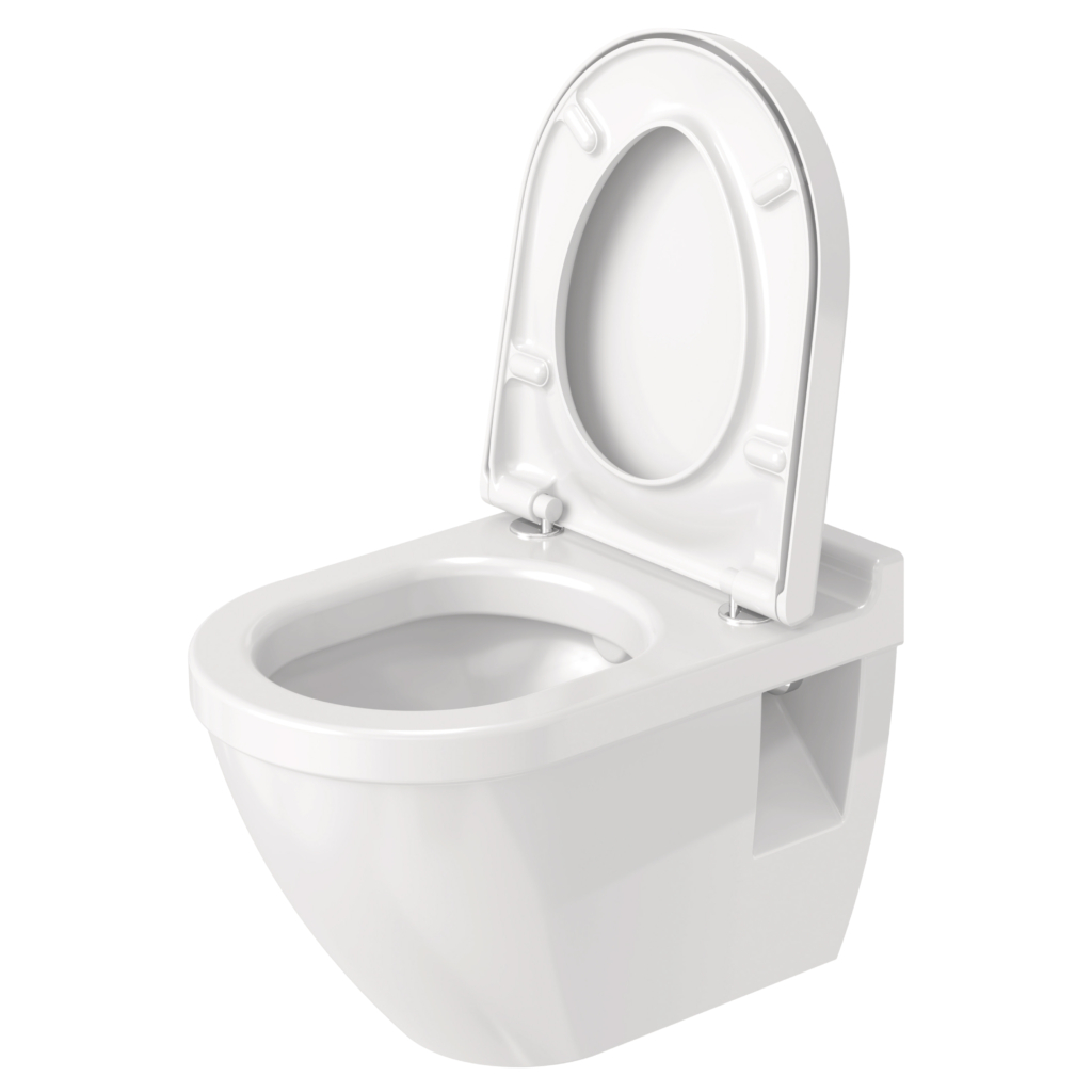 Toalettsits Starck 3 i vit färg mot på vit toalettstol